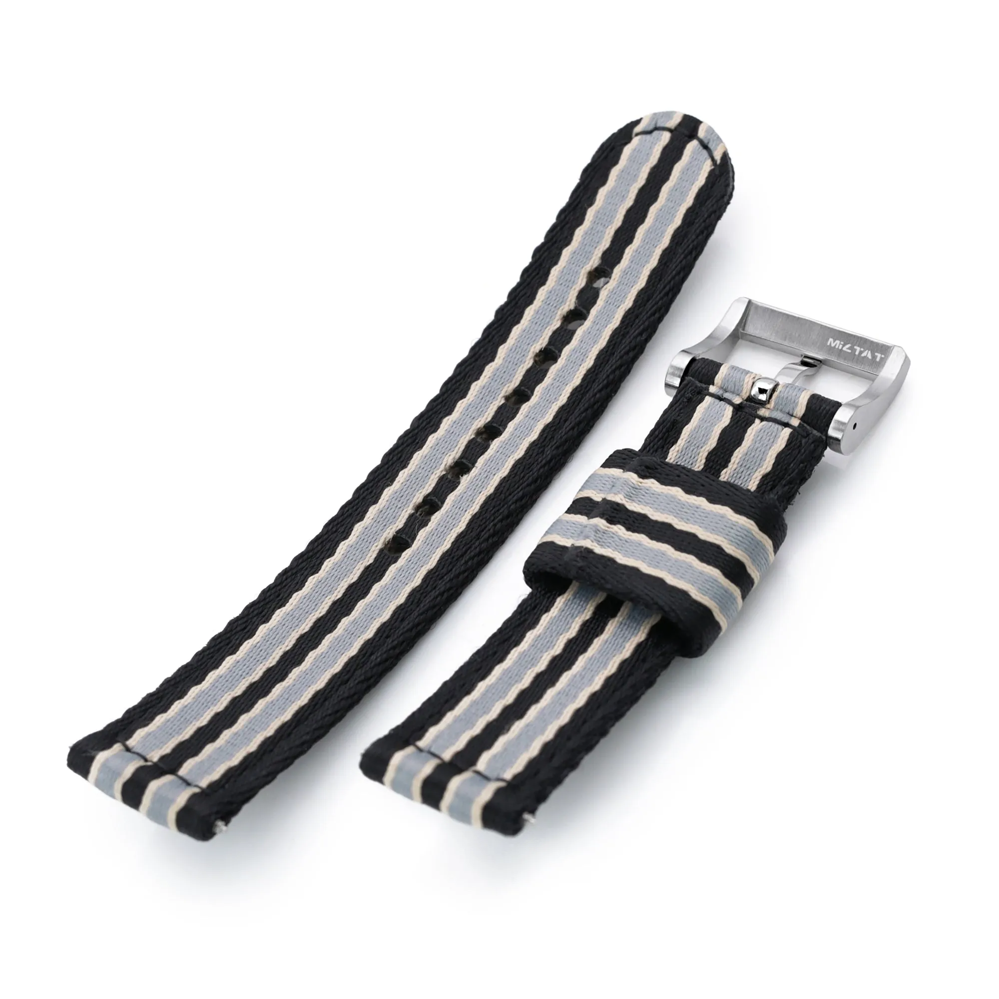 20mm 2-pcs Seatbelt Nylon Watch Band, Black, Grey and Khaki Stripes, Polished Buckle