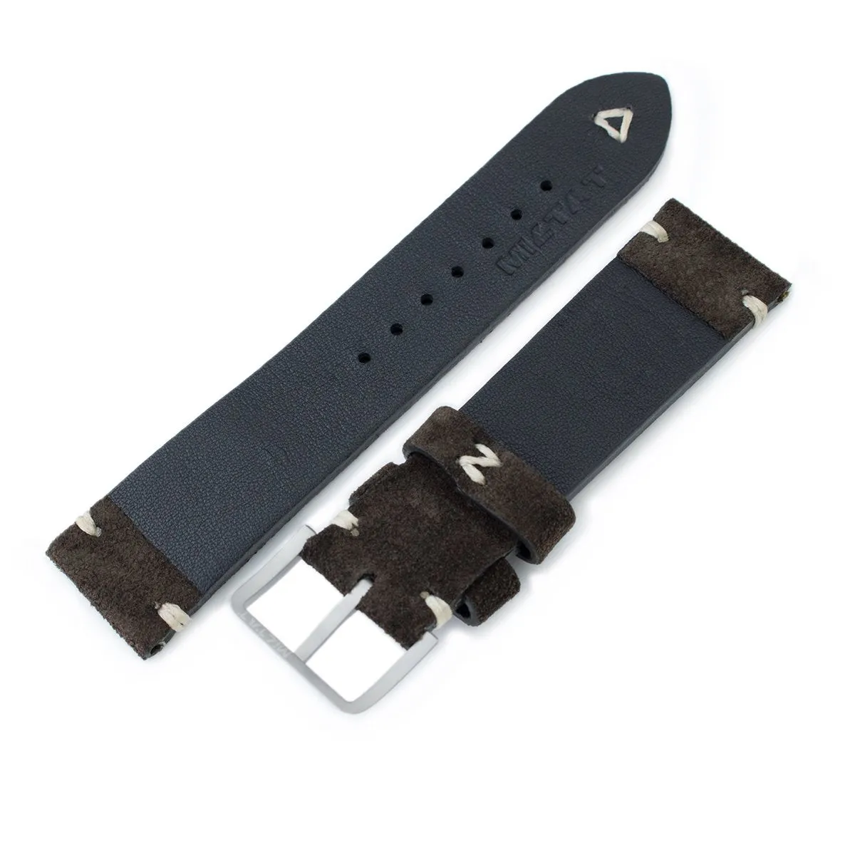 20mm, 21mm, 22mm MiLTAT Dark Brown Genuine Nubuck Leather Watch Strap, Beige Stitching, Sandblasted Buckle