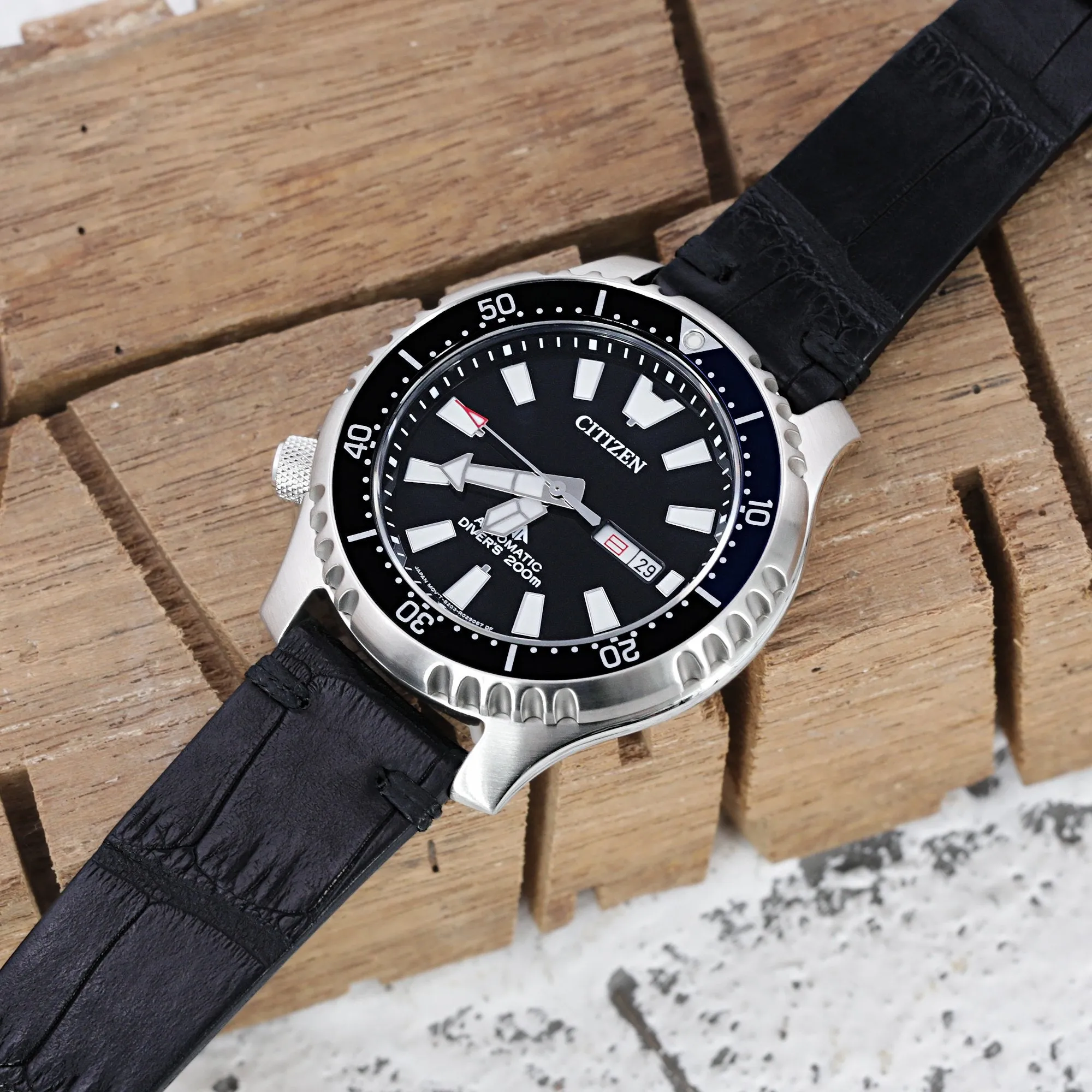 20mm Black Italian Handmade Alligator Belly Watch Band, Same Color Stitching, Polished Buckle