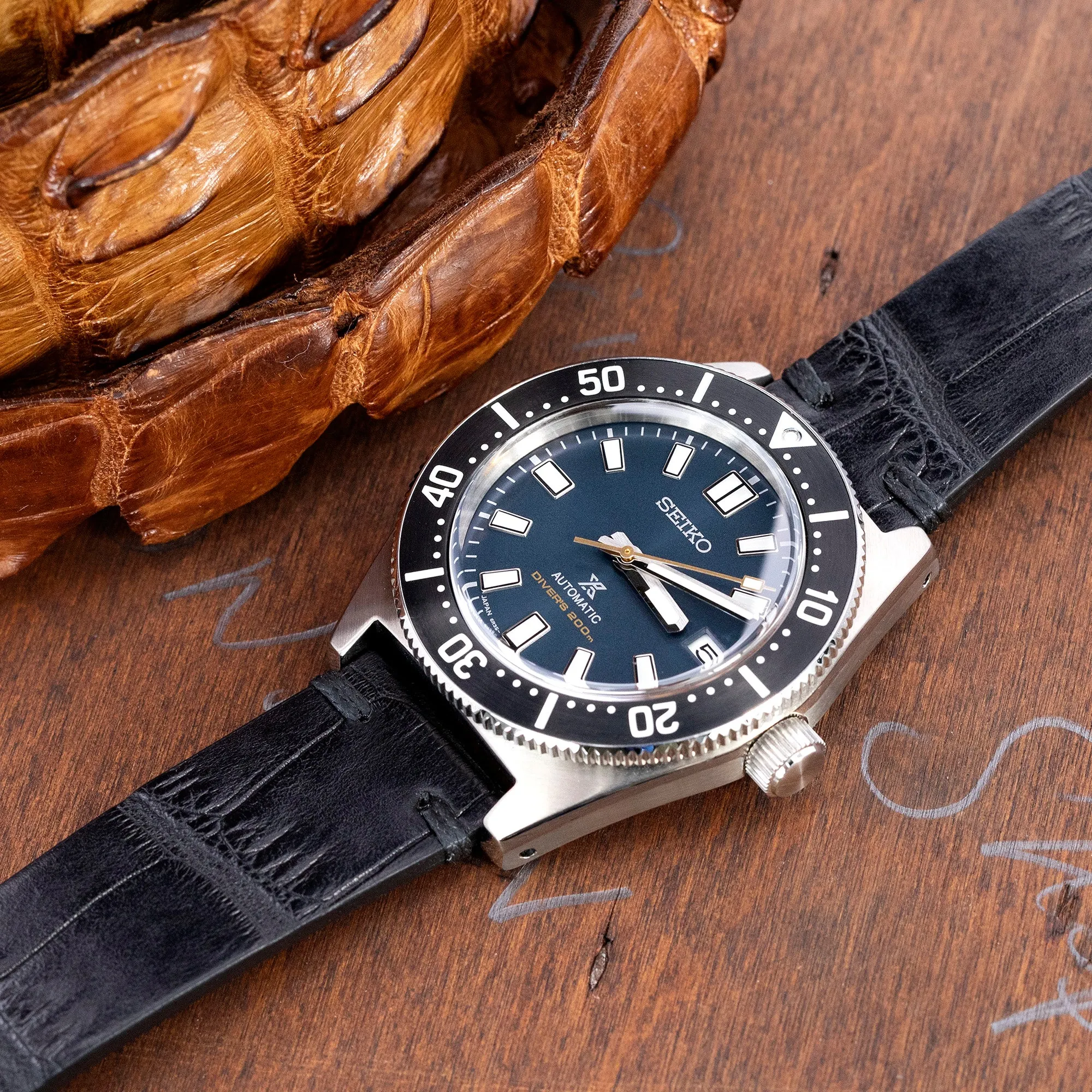 20mm Black Italian Handmade Alligator Belly Watch Band, Same Color Stitching, Polished Buckle