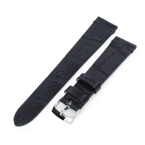20mm Black Italian Handmade Alligator Belly Watch Band, Same Color Stitching, Polished Buckle