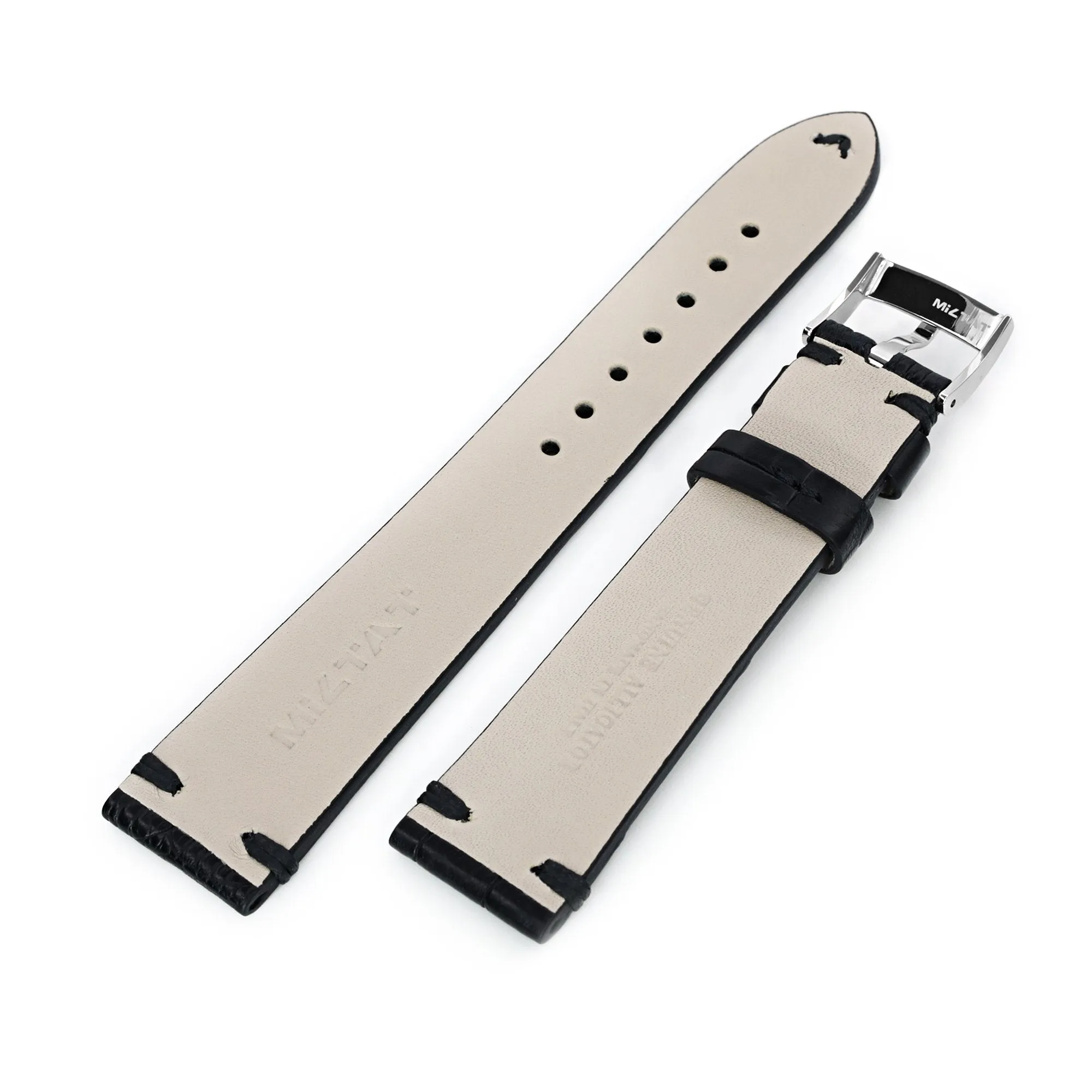 20mm Black Italian Handmade Alligator Belly Watch Band, Same Color Stitching, Polished Buckle