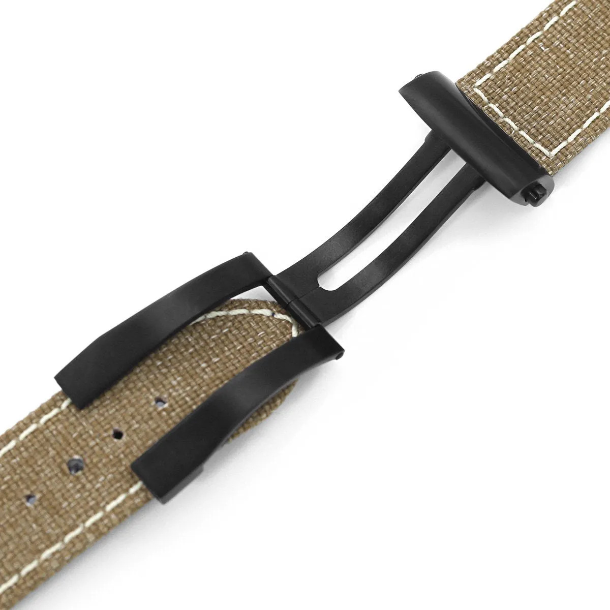 20mm or 22mm Khaki Canvas Watch Band PVD Black Roller Deployant Buckle, Beige Stitching