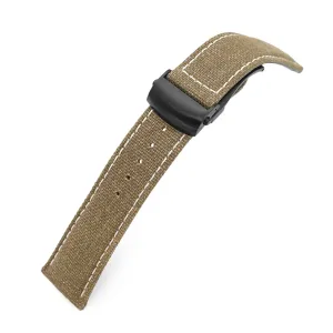 20mm or 22mm Khaki Canvas Watch Band PVD Black Roller Deployant Buckle, Beige Stitching