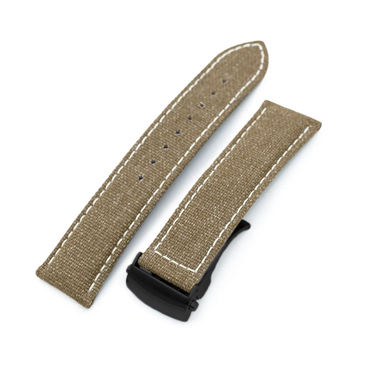 20mm or 22mm Khaki Canvas Watch Band PVD Black Roller Deployant Buckle, Beige Stitching