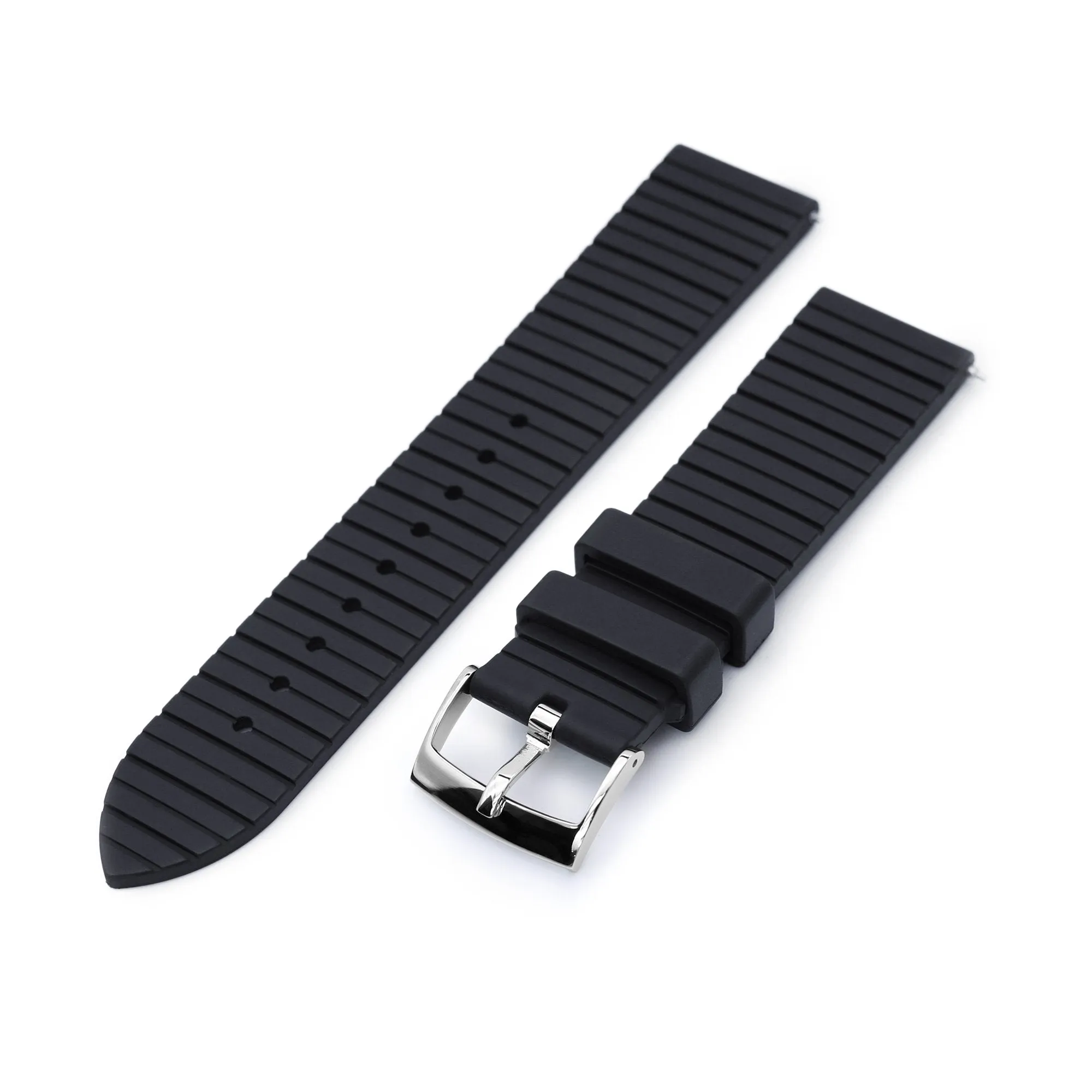 20mm Quick Release Watch Band Black Groove Stripe FKM Rubber Strap, Polished