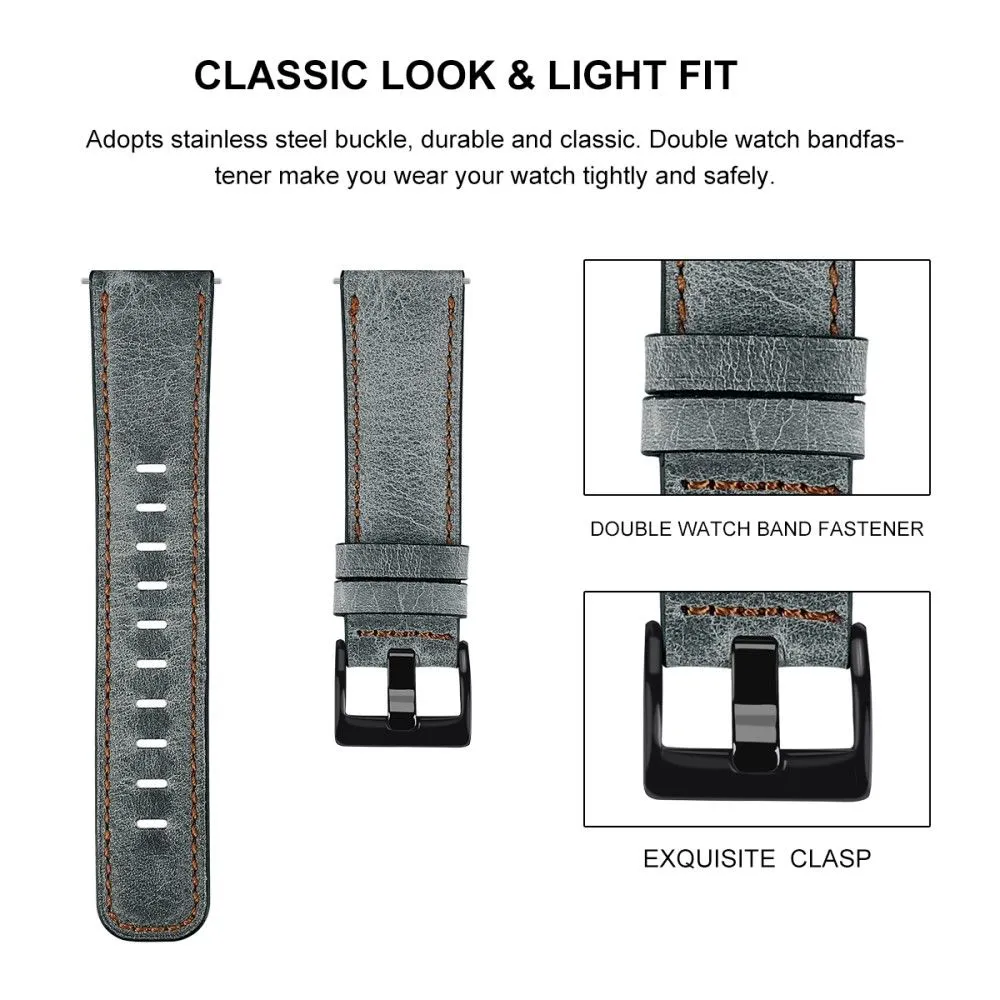 22mm Universal vintage genuine leather watch strap - Grey