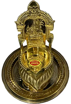 7 Inch (17.8 cm) Traditional Brass Kamatchi Vilaku Deepam Diya Oil Lamp (Golden) with Base Plate