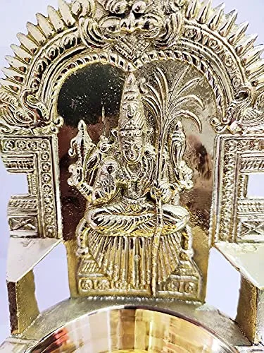 7 Inch (17.8 cm) Traditional Brass Kamatchi Vilaku Deepam Diya Oil Lamp (Golden) with Base Plate