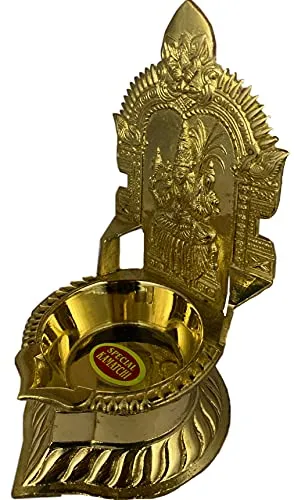 7 Inch (17.8 cm) Traditional Brass Kamatchi Vilaku Deepam Diya Oil Lamp (Golden) with Base Plate