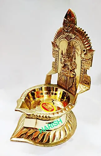 7 Inch (17.8 cm) Traditional Brass Kamatchi Vilaku Deepam Diya Oil Lamp (Golden)