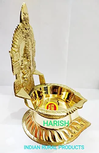 7 Inch (17.8 cm) Traditional Brass Kamatchi Vilaku Deepam Diya Oil Lamp (Golden)