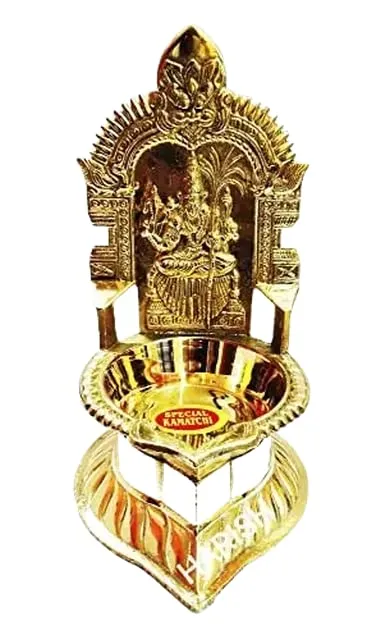 7 Inch (17.8 cm) Traditional Brass Kamatchi Vilaku Deepam Diya Oil Lamp (Golden)