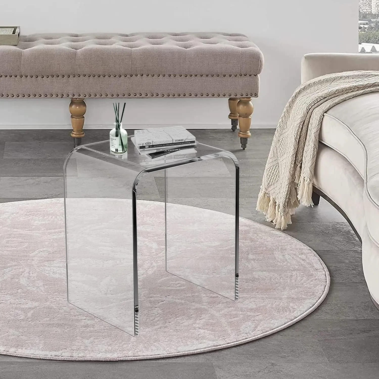 Acrylic End Table, 16" L x 12" W x 18" H Transparent Small Side Table, Acrylic Side Table Clear Nightstand and Stool for Home Office