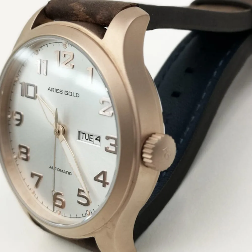 ARIES GOLD AUTOMATIC ESCALATE ROSE GOLD STAINLESS STEEL G 9017 RG-SRG BROWN LEATHER STRAP MEN'S WATCH