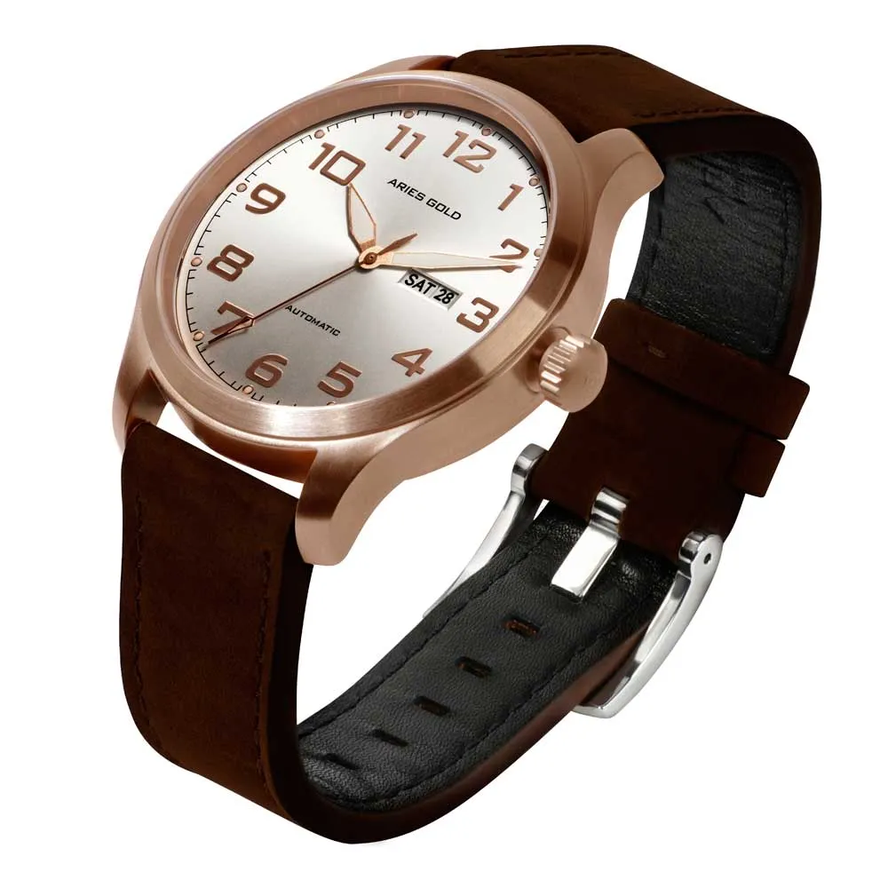 ARIES GOLD AUTOMATIC ESCALATE ROSE GOLD STAINLESS STEEL G 9017 RG-SRG BROWN LEATHER STRAP MEN'S WATCH