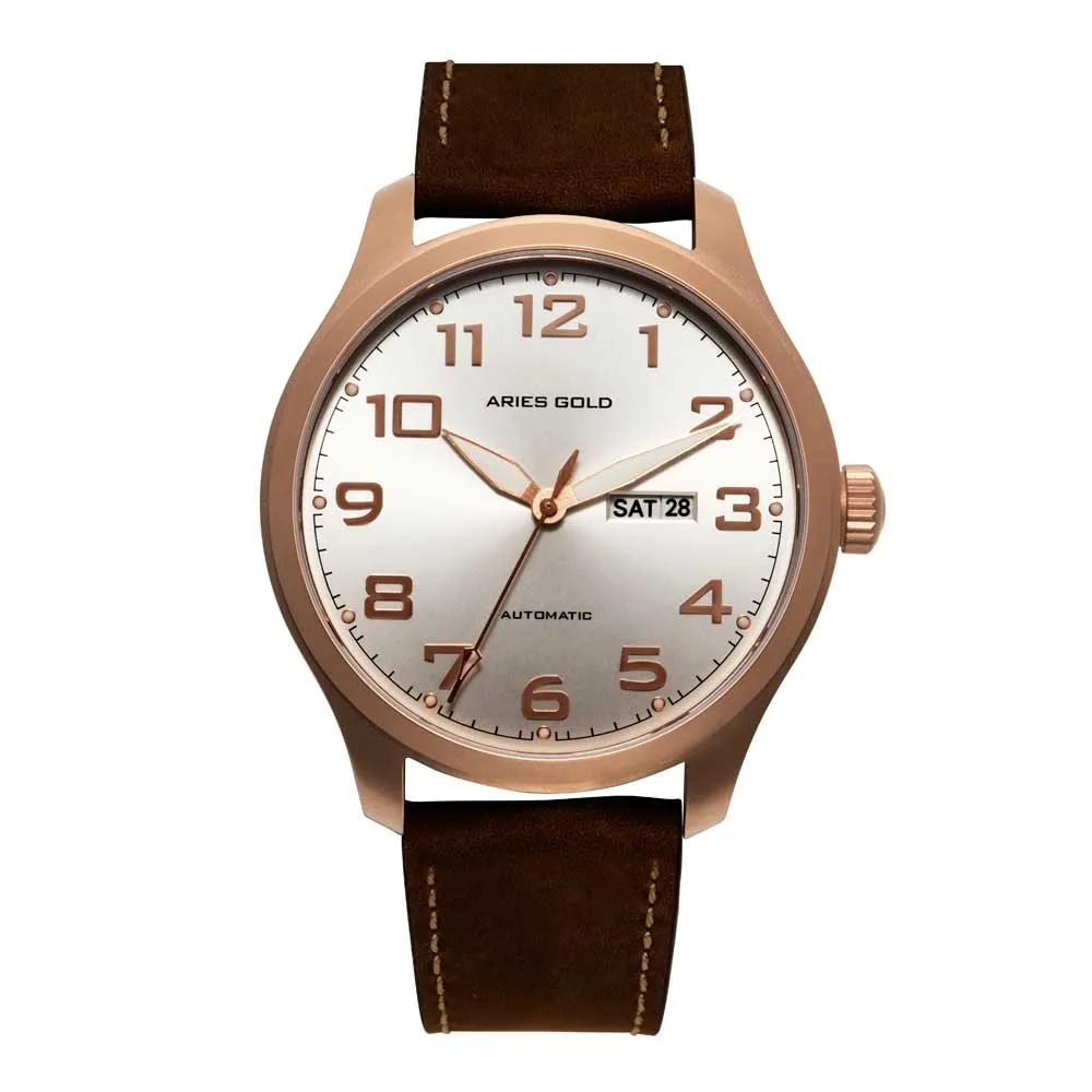 ARIES GOLD AUTOMATIC ESCALATE ROSE GOLD STAINLESS STEEL G 9017 RG-SRG BROWN LEATHER STRAP MEN'S WATCH