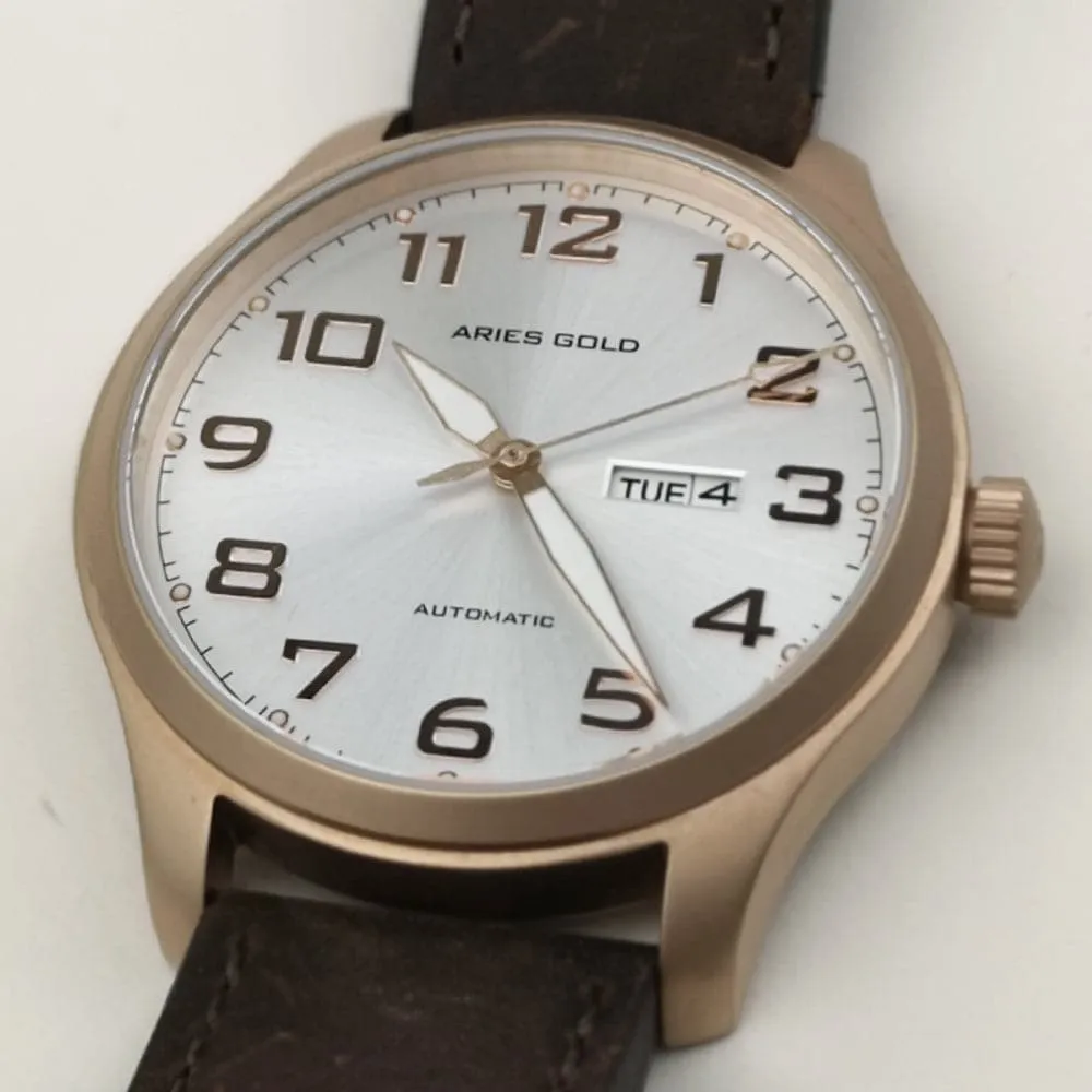 ARIES GOLD AUTOMATIC ESCALATE ROSE GOLD STAINLESS STEEL G 9017 RG-SRG BROWN LEATHER STRAP MEN'S WATCH