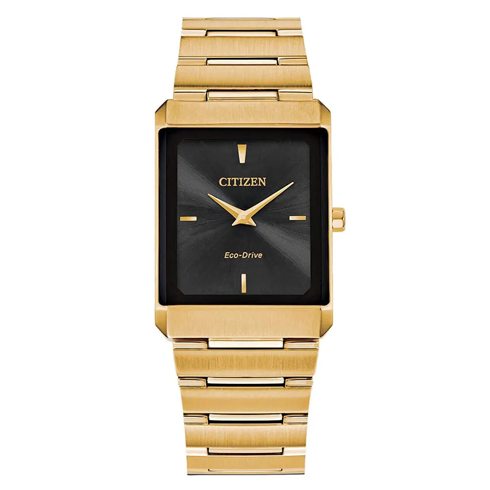 Citizen Unisex Stiletto Eco Drive Black Dial Yellow Gold Stainless Steel Bracelet Watch - AR3102-51E