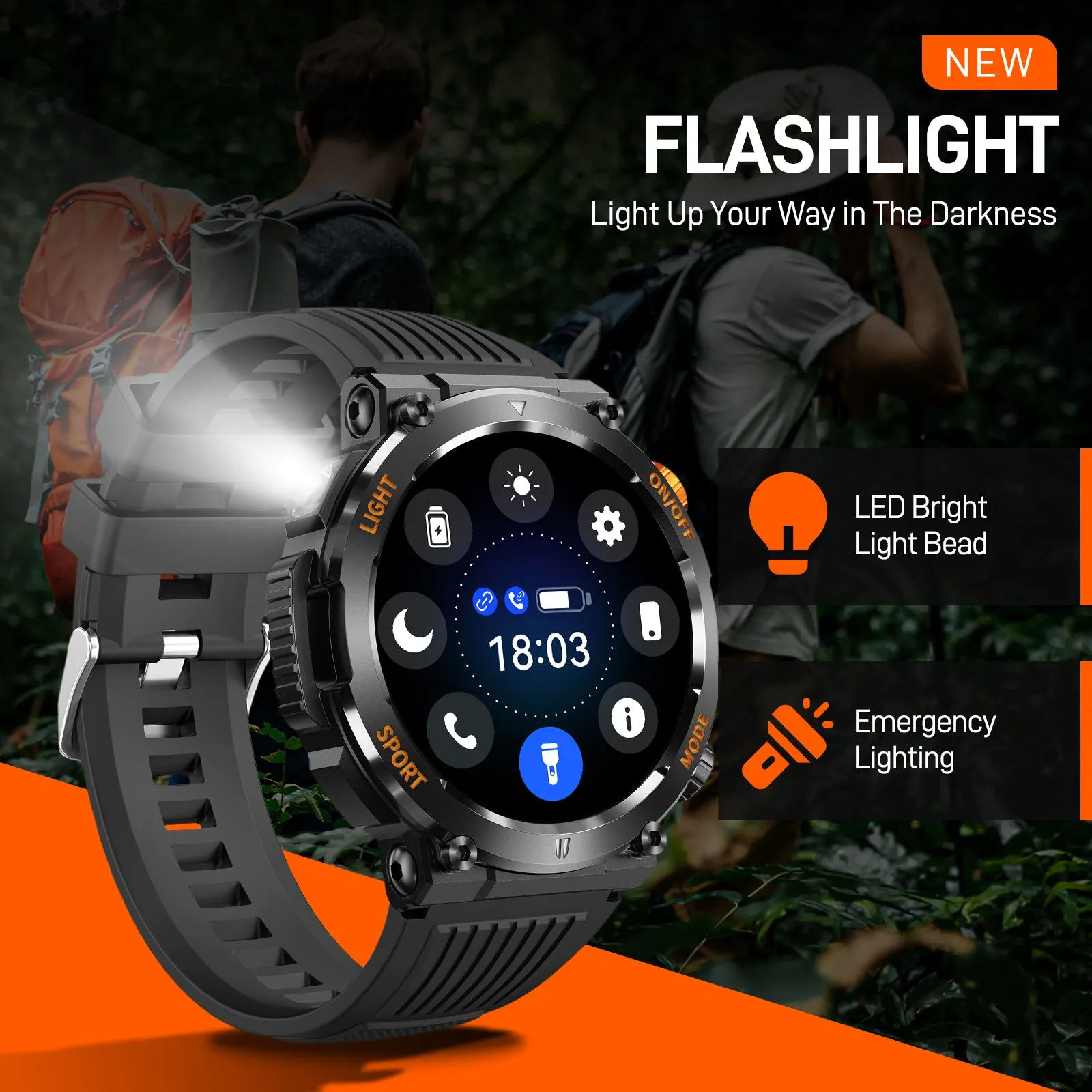 EIGIIS Military Smart Watch for Men with Flashlight (Make/Answer Call), 2024 New Digital Smartwatch with 1.46’’ HD Fitness Tracker 110  Sports Modes Step Counter Waterproof  Watch for iPhone Android