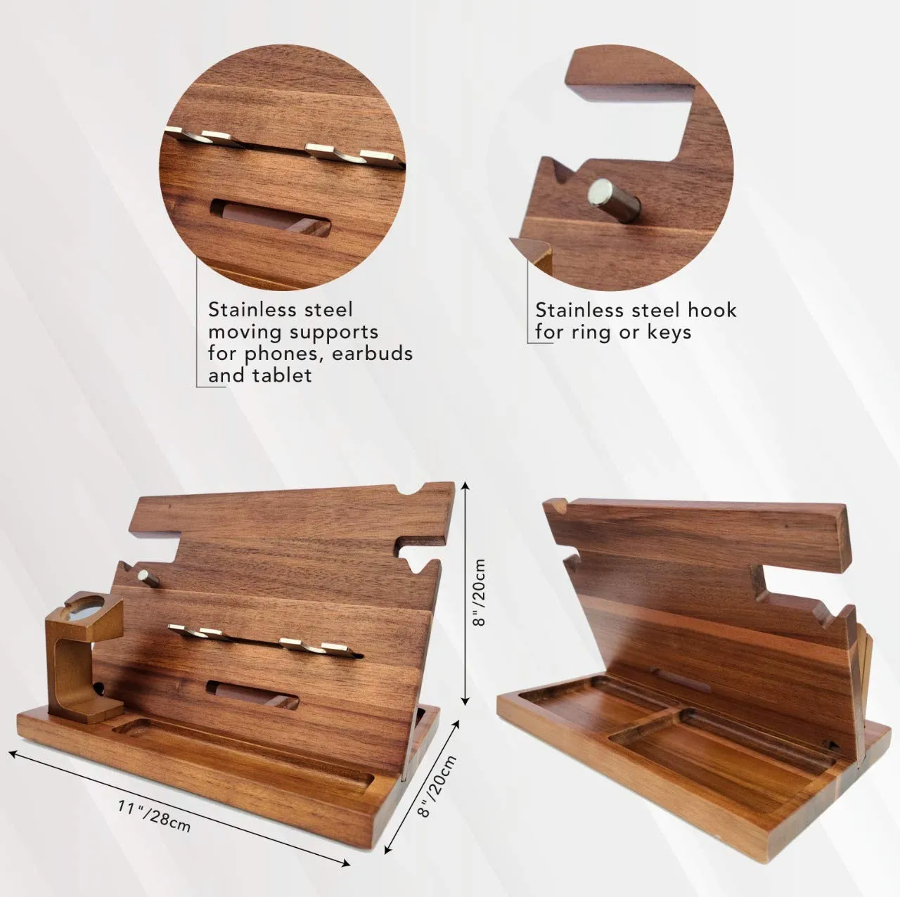 Eterluck Wooden Docking Station Men, Nightstand Organizer Bundle w/ RFID Blocking Leather Wallet - Charging Station, Cell Phone Stand, Tablet Stand, Husband Gifts from Wife, for Dad - Walnut