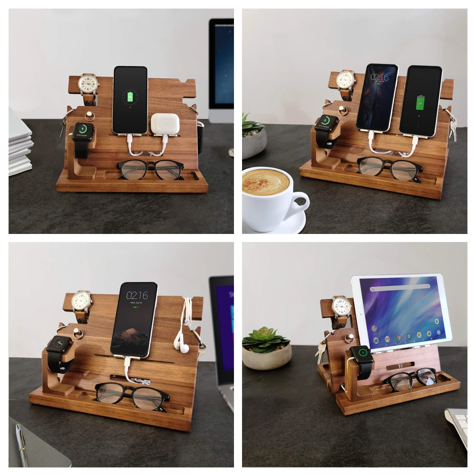 Eterluck Wooden Docking Station Men, Nightstand Organizer Bundle w/ RFID Blocking Leather Wallet - Charging Station, Cell Phone Stand, Tablet Stand, Husband Gifts from Wife, for Dad - Walnut