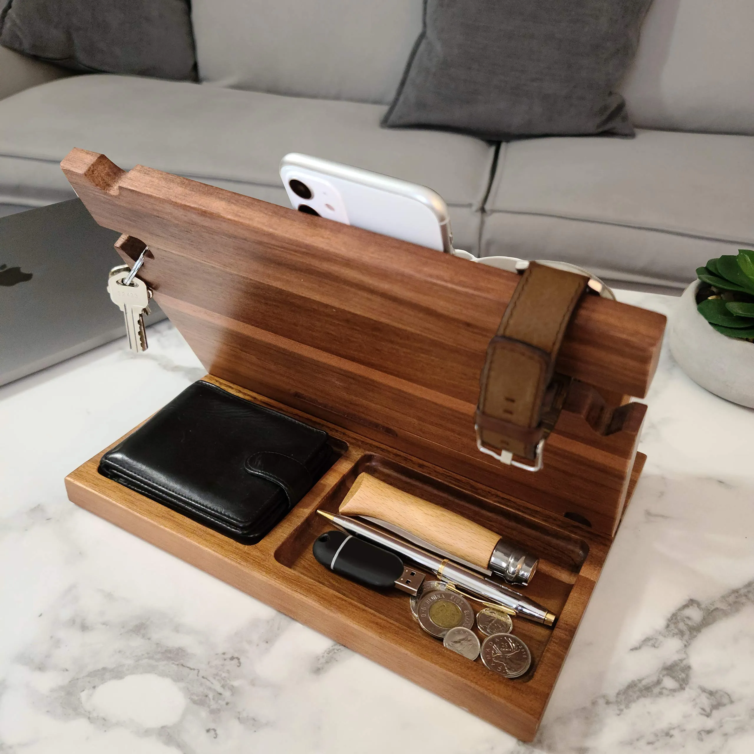 Eterluck Wooden Docking Station Men, Nightstand Organizer Bundle w/ RFID Blocking Leather Wallet - Charging Station, Cell Phone Stand, Tablet Stand, Husband Gifts from Wife, for Dad - Walnut