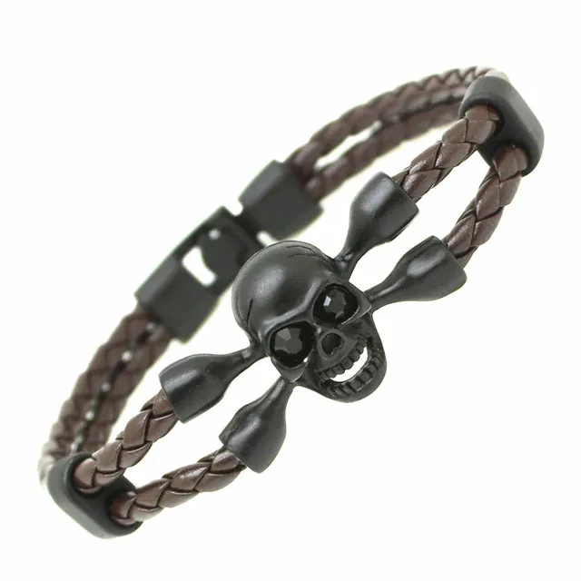 Fashion Men's Skull Bracelet&Bangle Male Multilayer Accessories Homme Jewelry Black Color Leather Bracelets Valentine's Day Gift