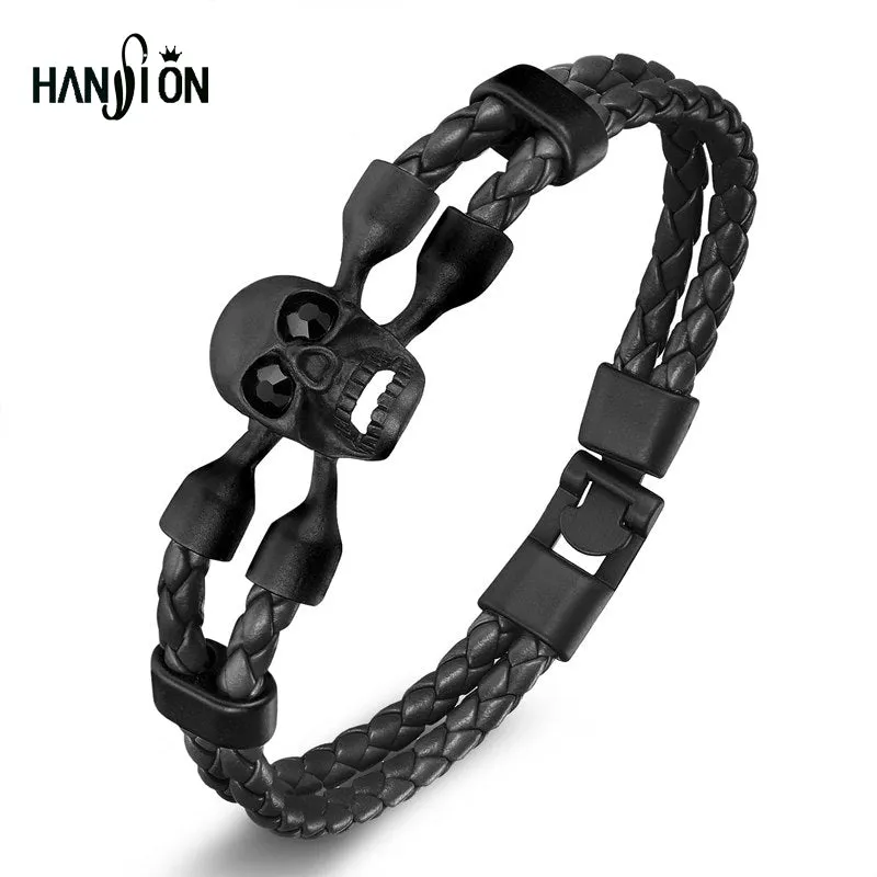 Fashion Men's Skull Bracelet&Bangle Male Multilayer Accessories Homme Jewelry Black Color Leather Bracelets Valentine's Day Gift