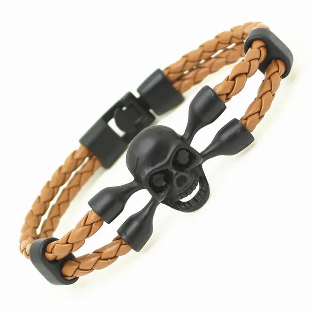 Fashion Men's Skull Bracelet&Bangle Male Multilayer Accessories Homme Jewelry Black Color Leather Bracelets Valentine's Day Gift