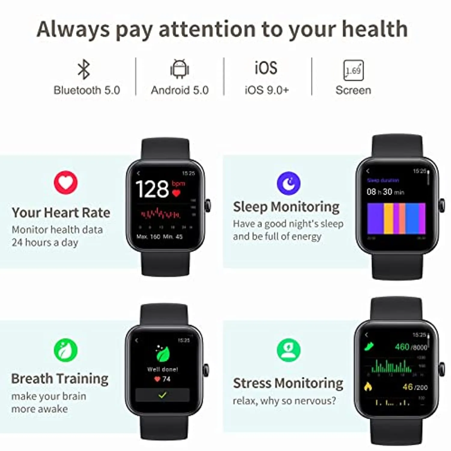 HAFURY Smart Watch, 1.69" Display Fitness Tracker, Blood Oxygen, Heart Rate, Microphone Built-in, Sleep, Stress Monitor, 5ATM Waterproof, Smartwatch for Android iOS Phone, Black