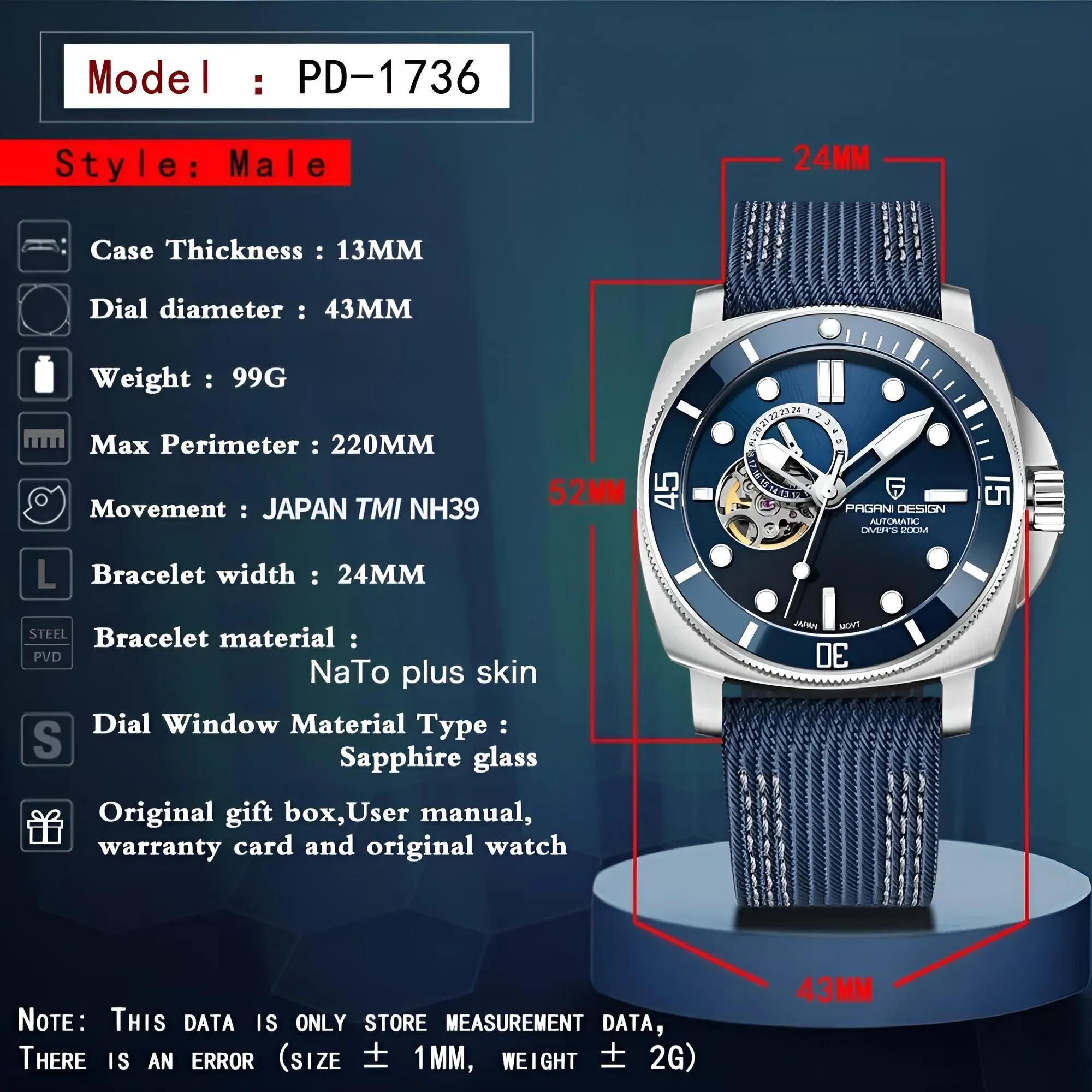 Homage to Panerai Submersible - Men's Sports Mechanical Watch Fashion Sapphire 200M Waterproof Automatic Timecode
