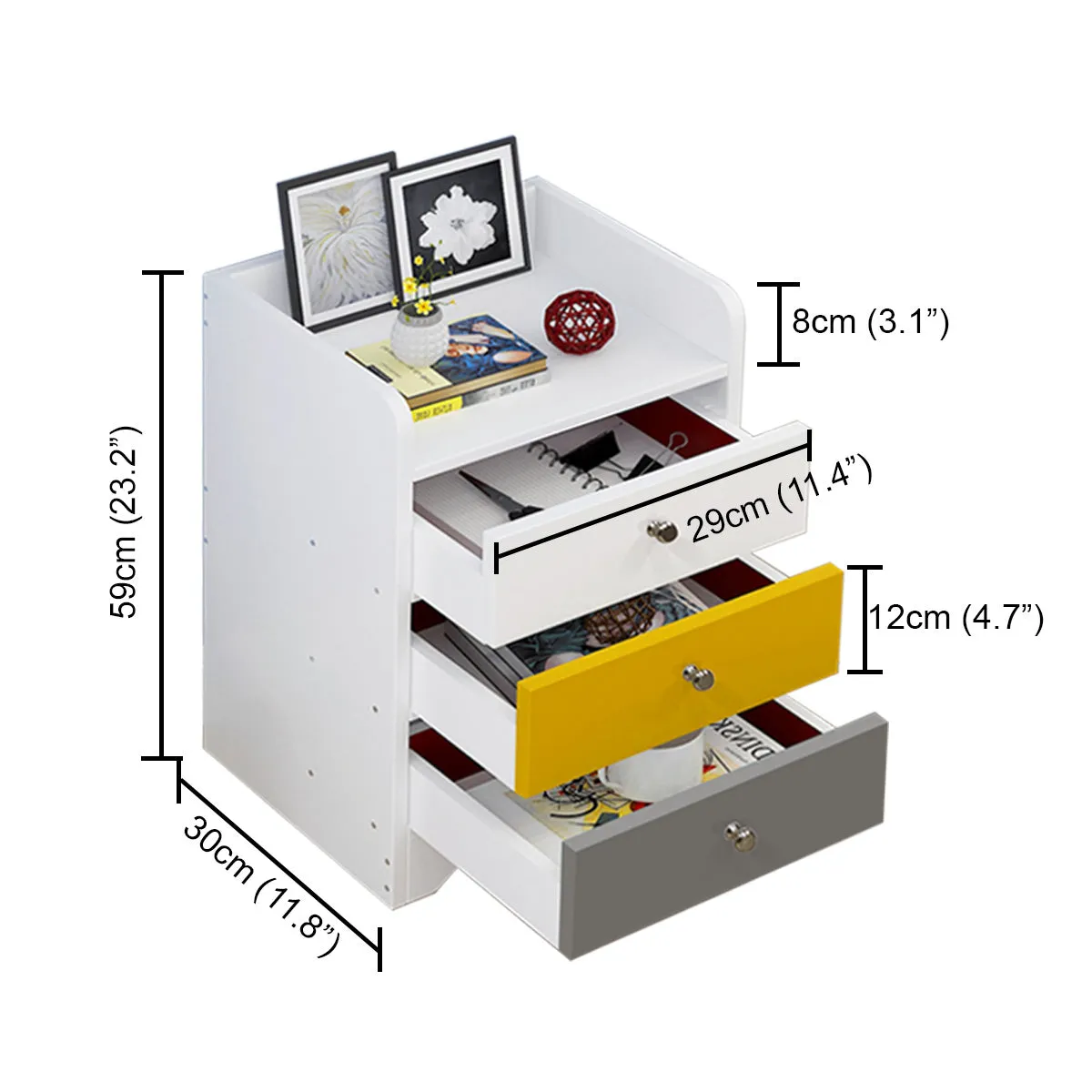Kawachi Modern Home Bedroom Bedside Table Storage Cabinet with 3 Drawers KW23-White MD