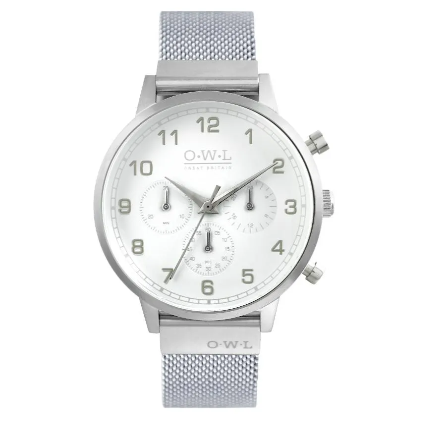 KINGSBRIDGE MATTE SILVER CASE, WHITE SUBDIAL FACE & SILVER MESH STRAP WATCH