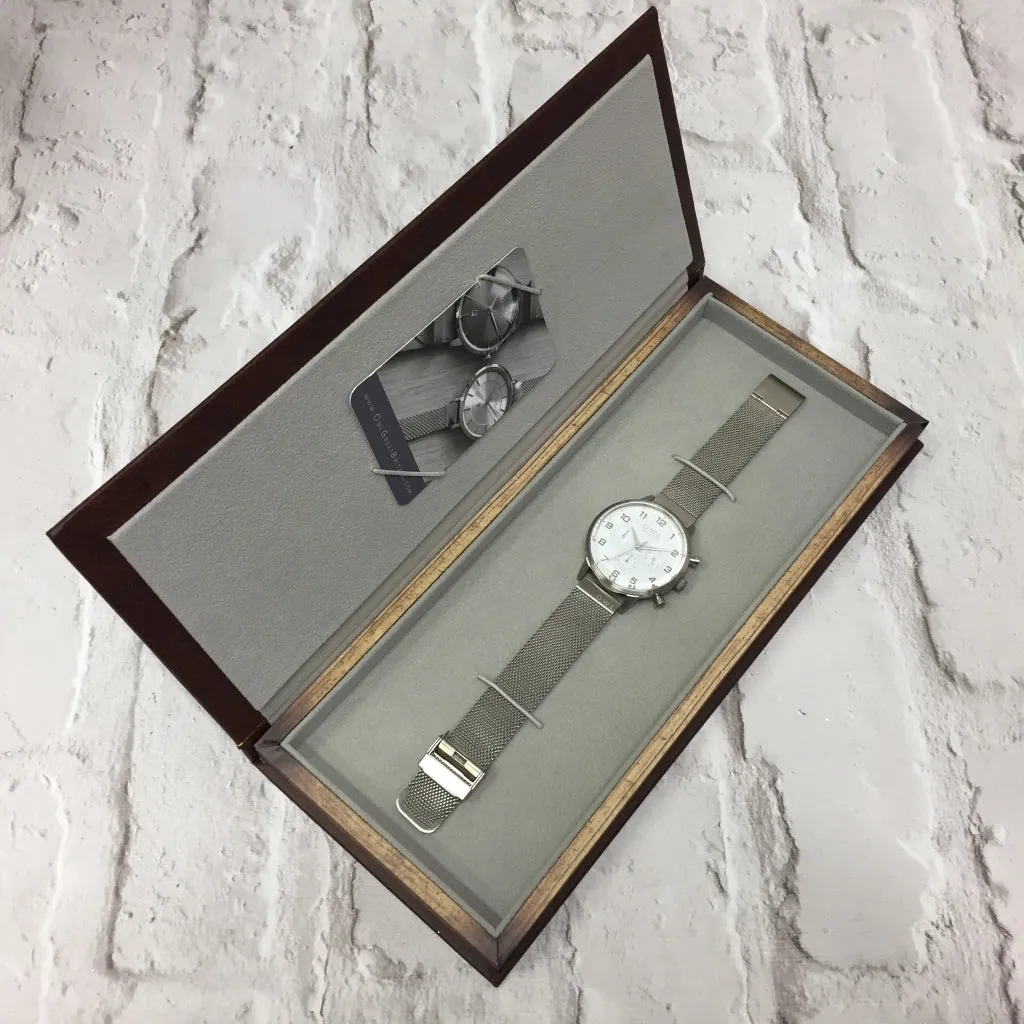 KINGSBRIDGE MATTE SILVER CASE, WHITE SUBDIAL FACE & SILVER MESH STRAP WATCH