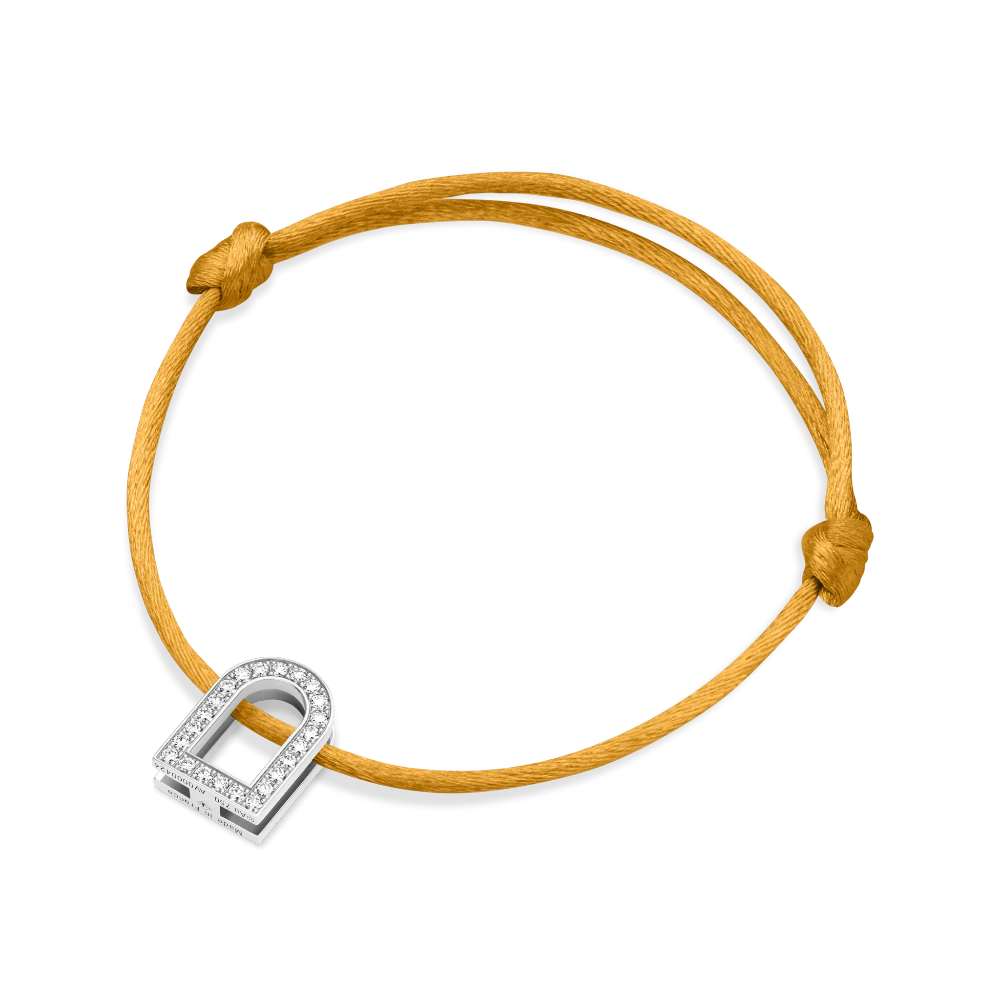 L'Arc Voyage Charm GM, 18k White Gold with Galerie Diamonds on Silk Cord Bracelet