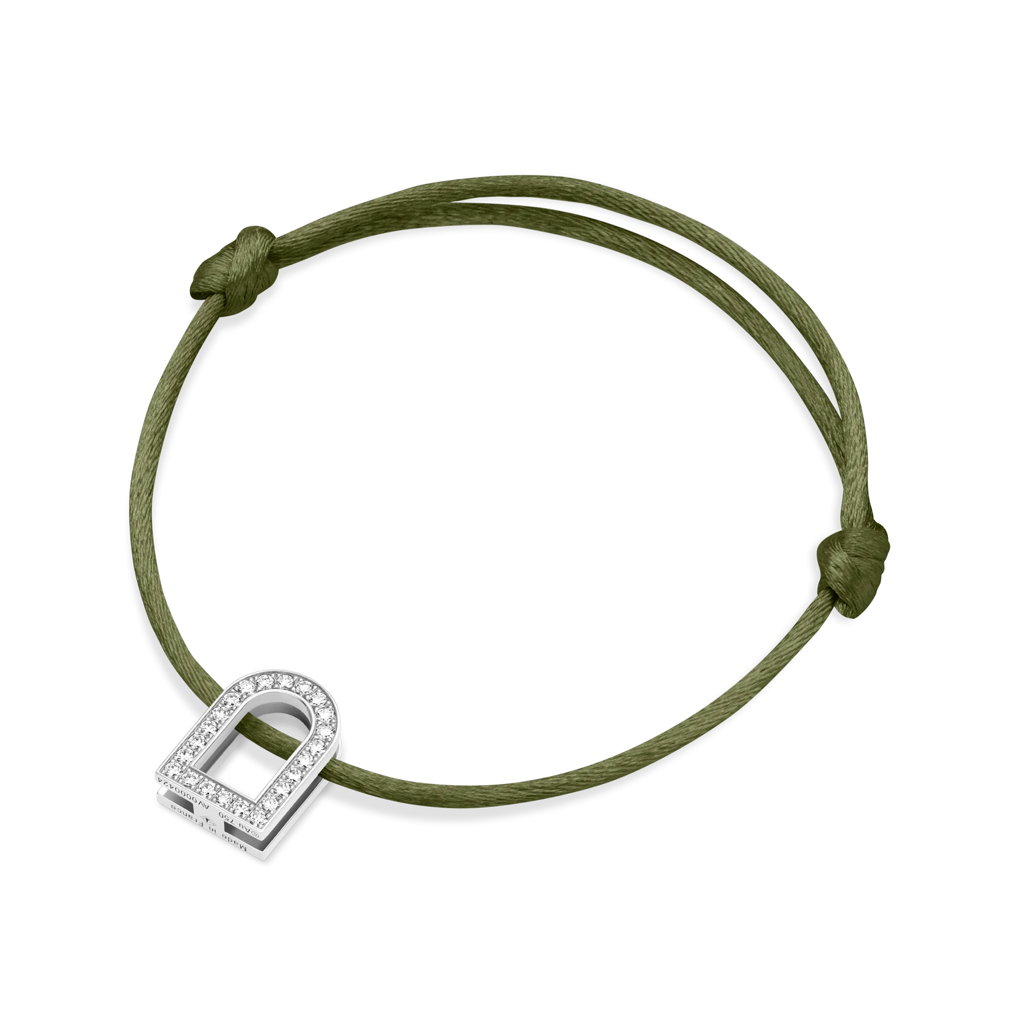L'Arc Voyage Charm GM, 18k White Gold with Galerie Diamonds on Silk Cord Bracelet
