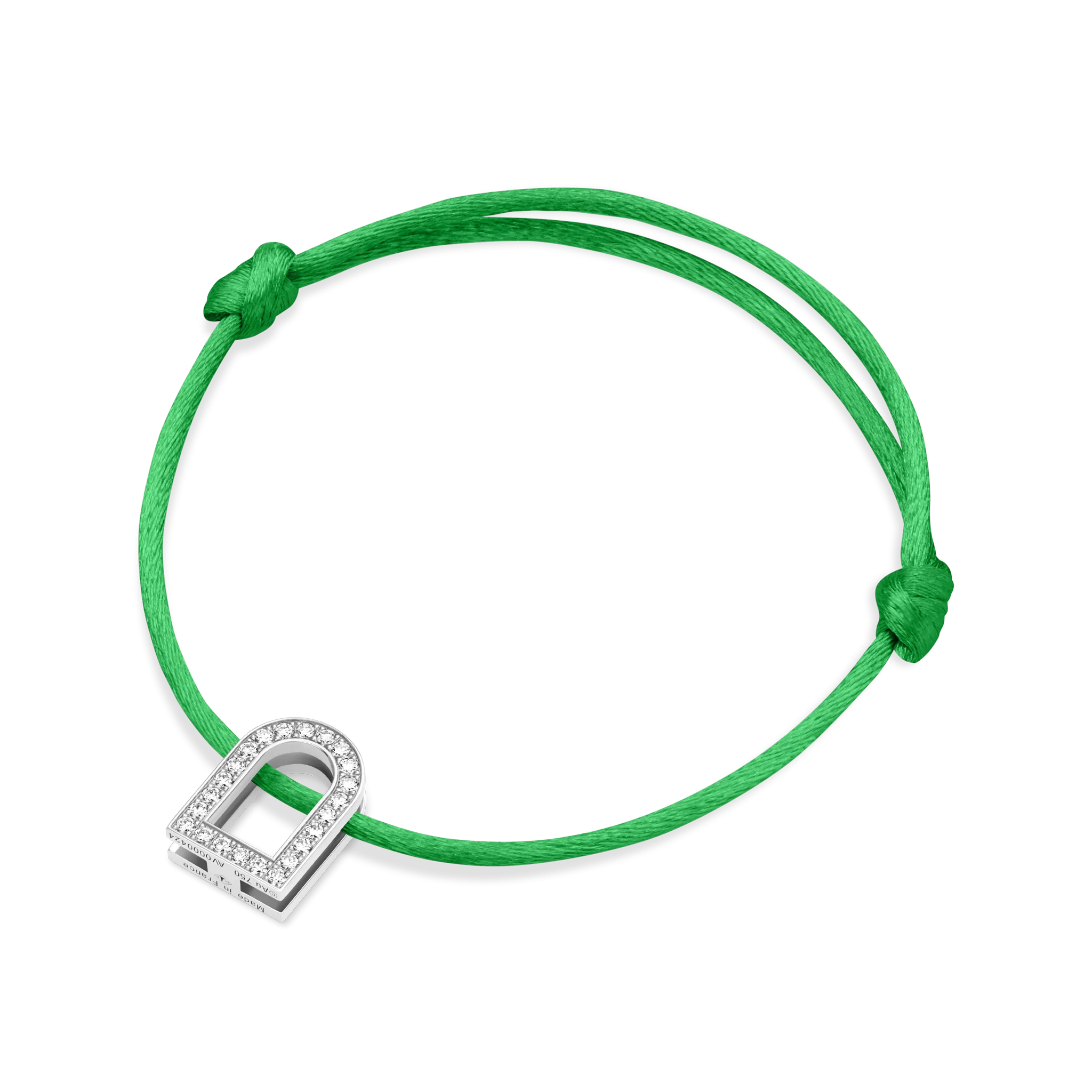 L'Arc Voyage Charm GM, 18k White Gold with Galerie Diamonds on Silk Cord Bracelet