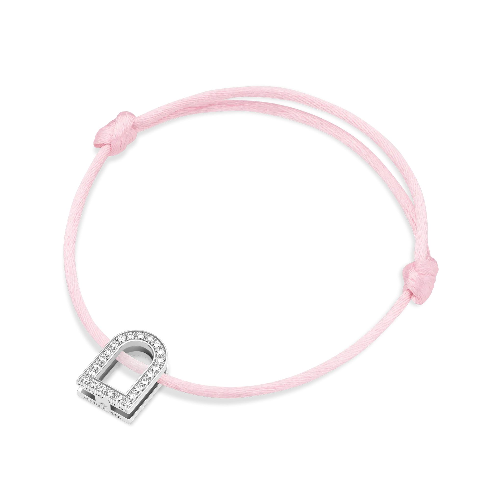 L'Arc Voyage Charm GM, 18k White Gold with Galerie Diamonds on Silk Cord Bracelet