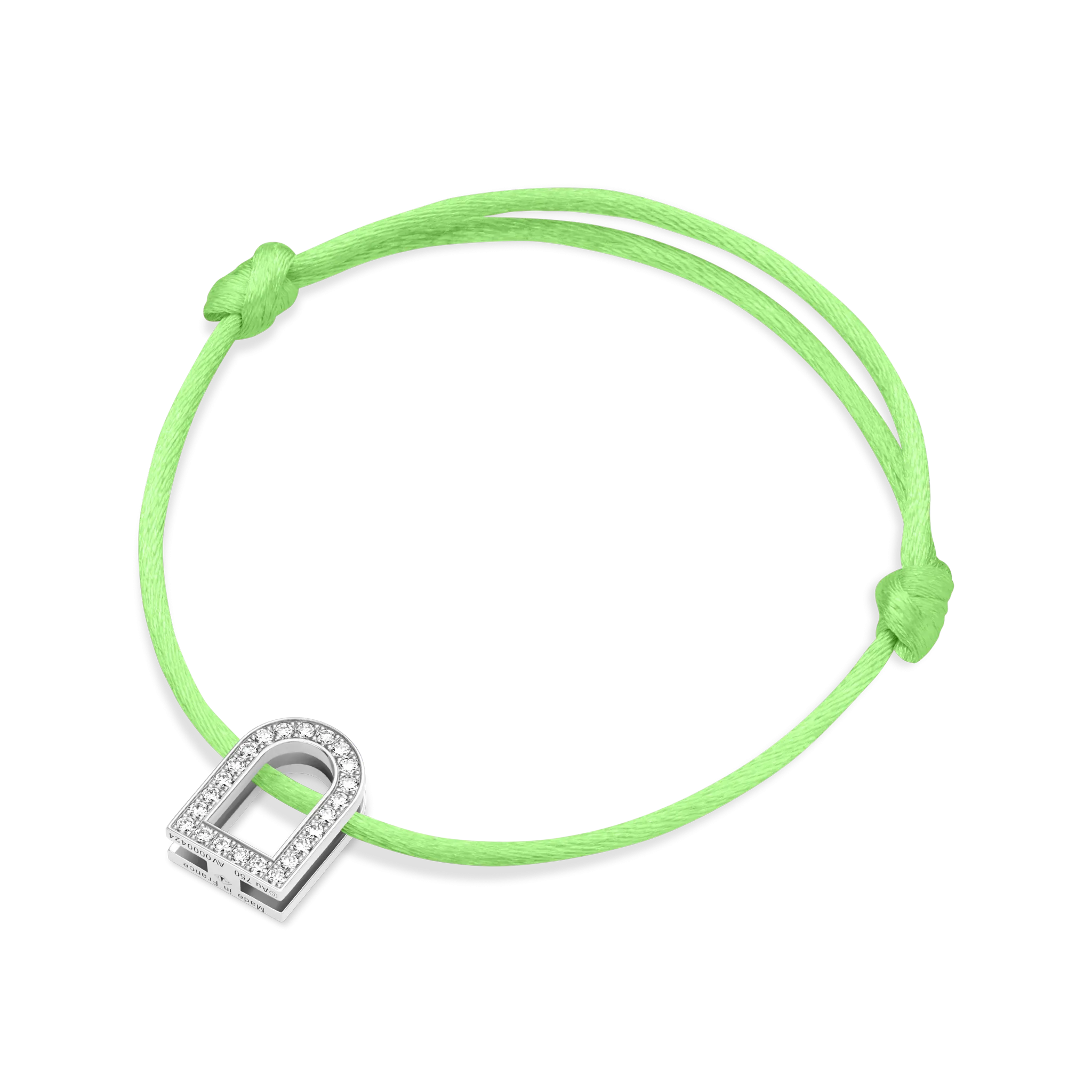 L'Arc Voyage Charm GM, 18k White Gold with Galerie Diamonds on Silk Cord Bracelet