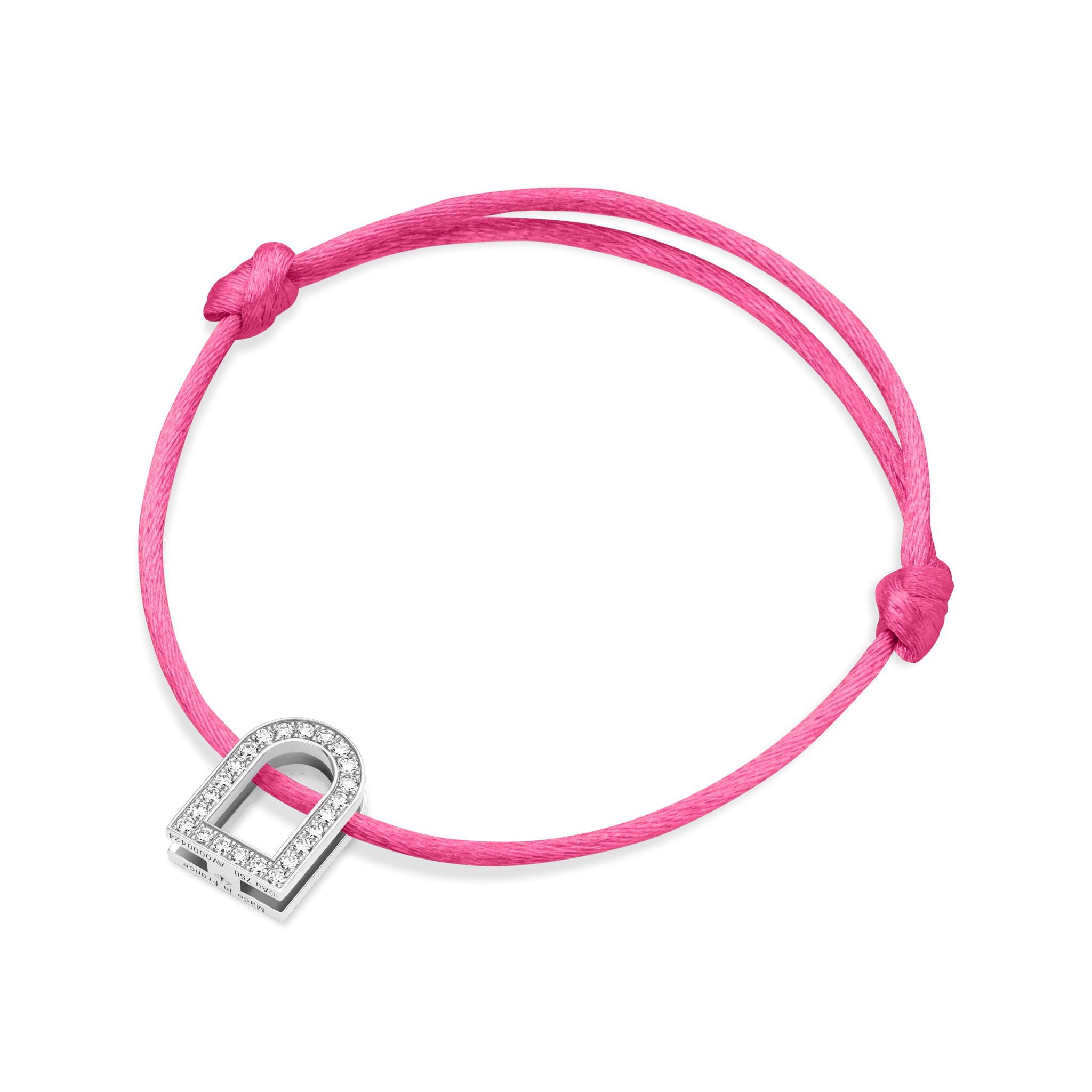 L'Arc Voyage Charm GM, 18k White Gold with Galerie Diamonds on Silk Cord Bracelet