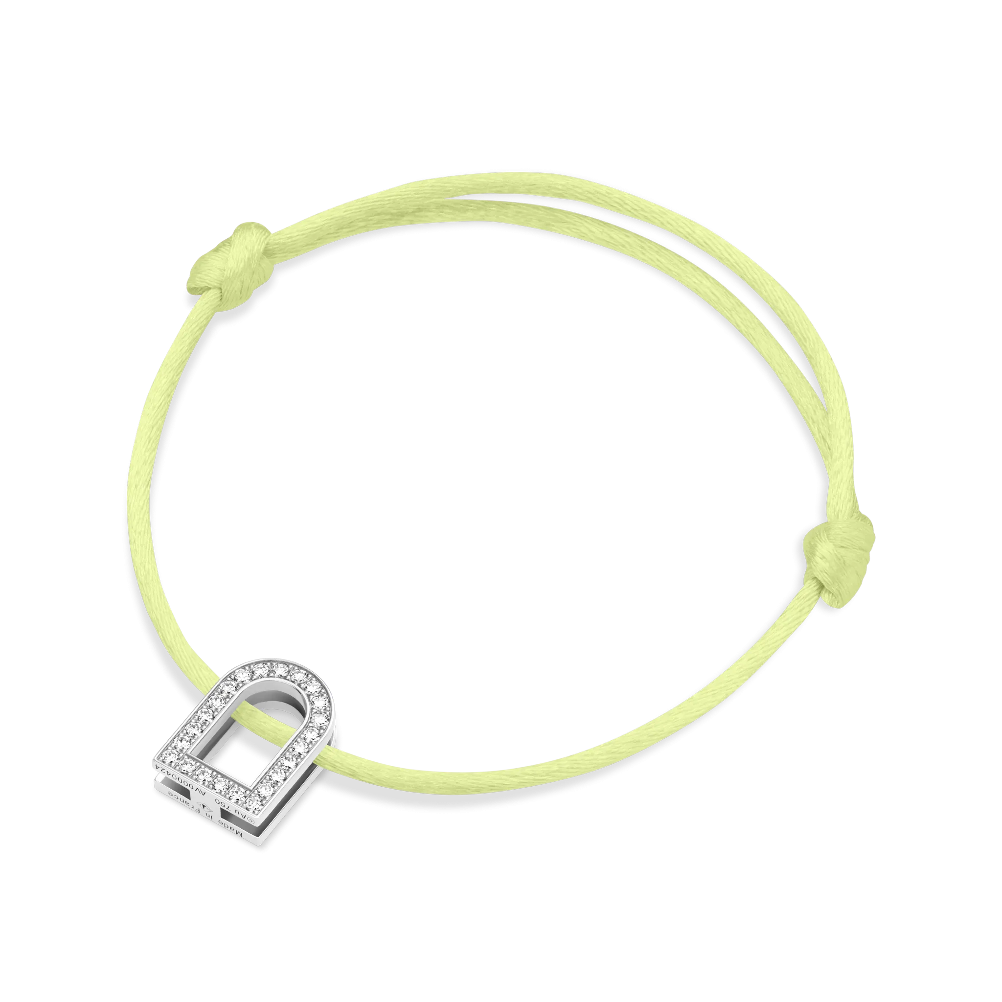 L'Arc Voyage Charm GM, 18k White Gold with Galerie Diamonds on Silk Cord Bracelet