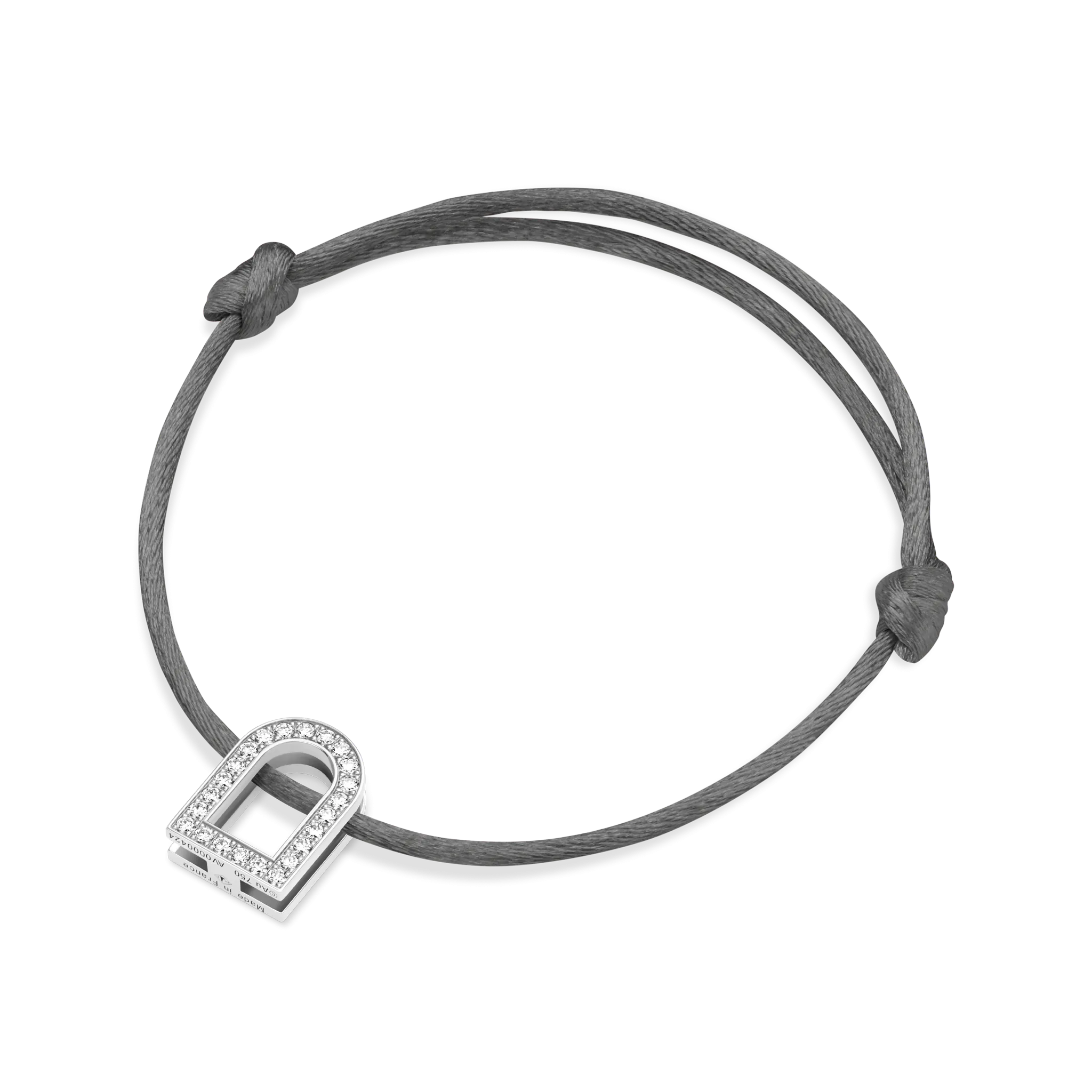 L'Arc Voyage Charm GM, 18k White Gold with Galerie Diamonds on Silk Cord Bracelet