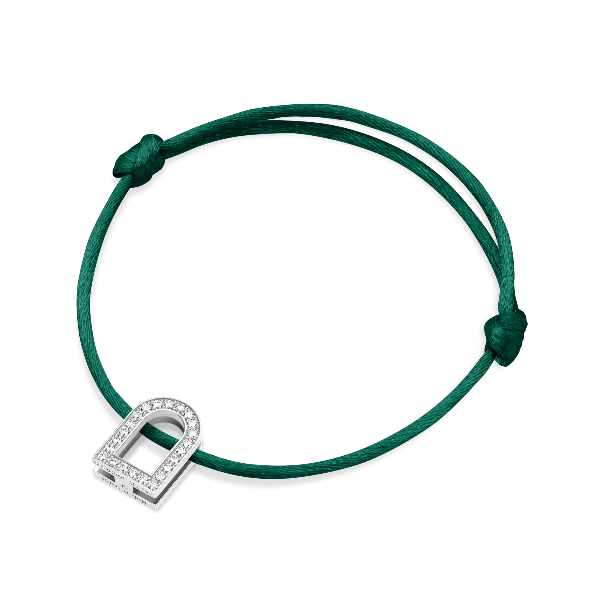 L'Arc Voyage Charm GM, 18k White Gold with Galerie Diamonds on Silk Cord Bracelet