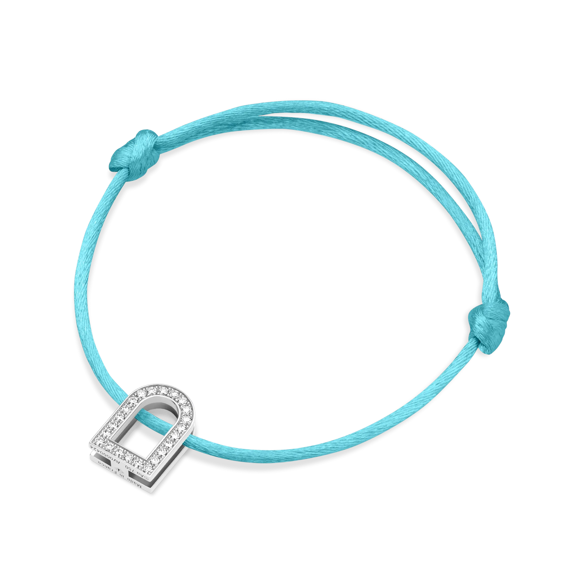 L'Arc Voyage Charm GM, 18k White Gold with Galerie Diamonds on Silk Cord Bracelet