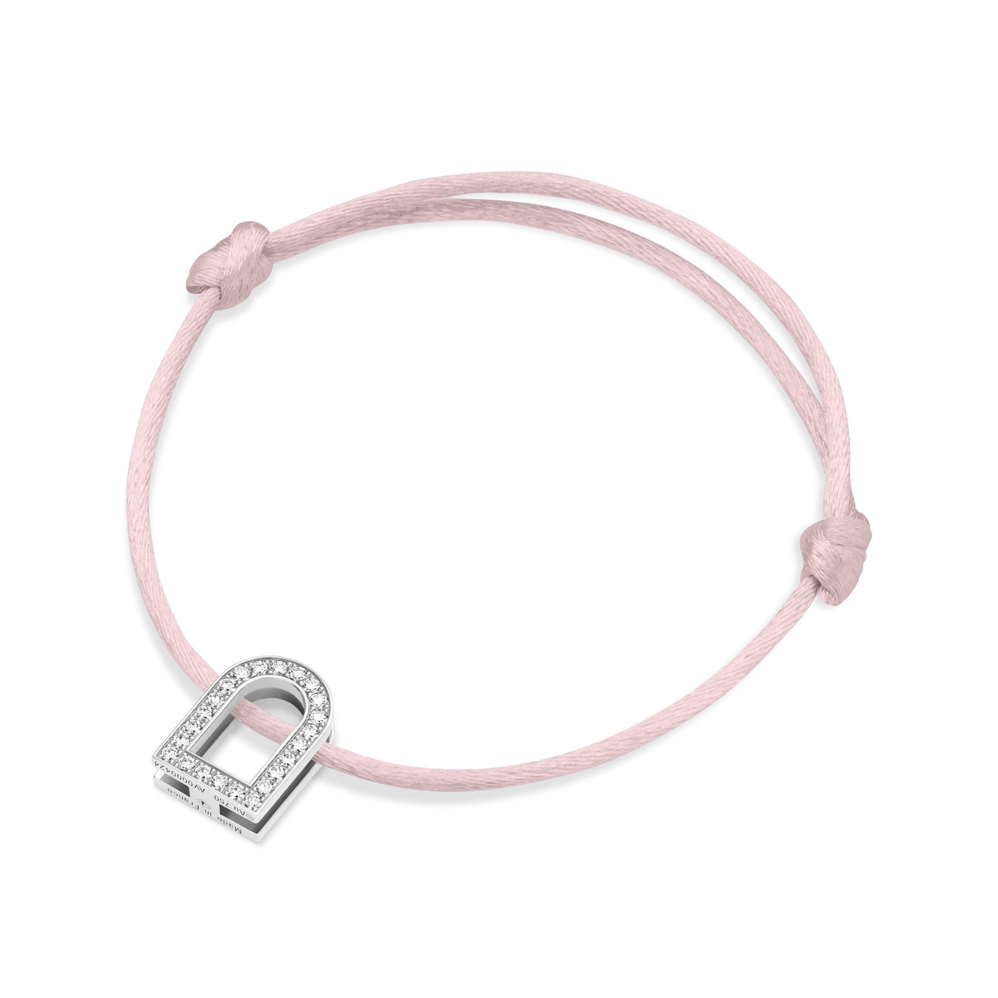 L'Arc Voyage Charm GM, 18k White Gold with Galerie Diamonds on Silk Cord Bracelet