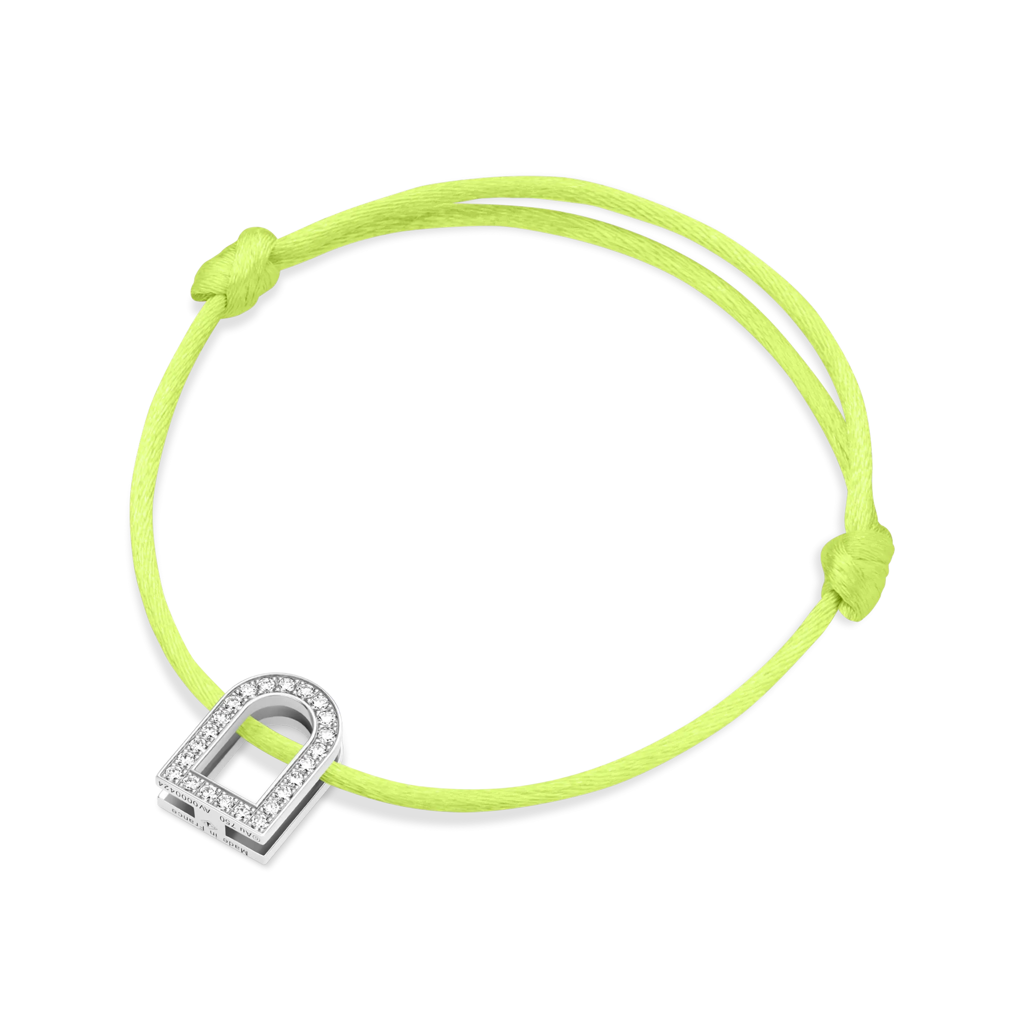 L'Arc Voyage Charm GM, 18k White Gold with Galerie Diamonds on Silk Cord Bracelet