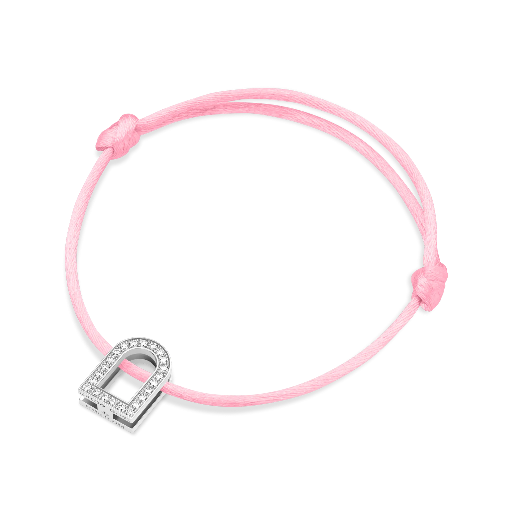 L'Arc Voyage Charm GM, 18k White Gold with Galerie Diamonds on Silk Cord Bracelet