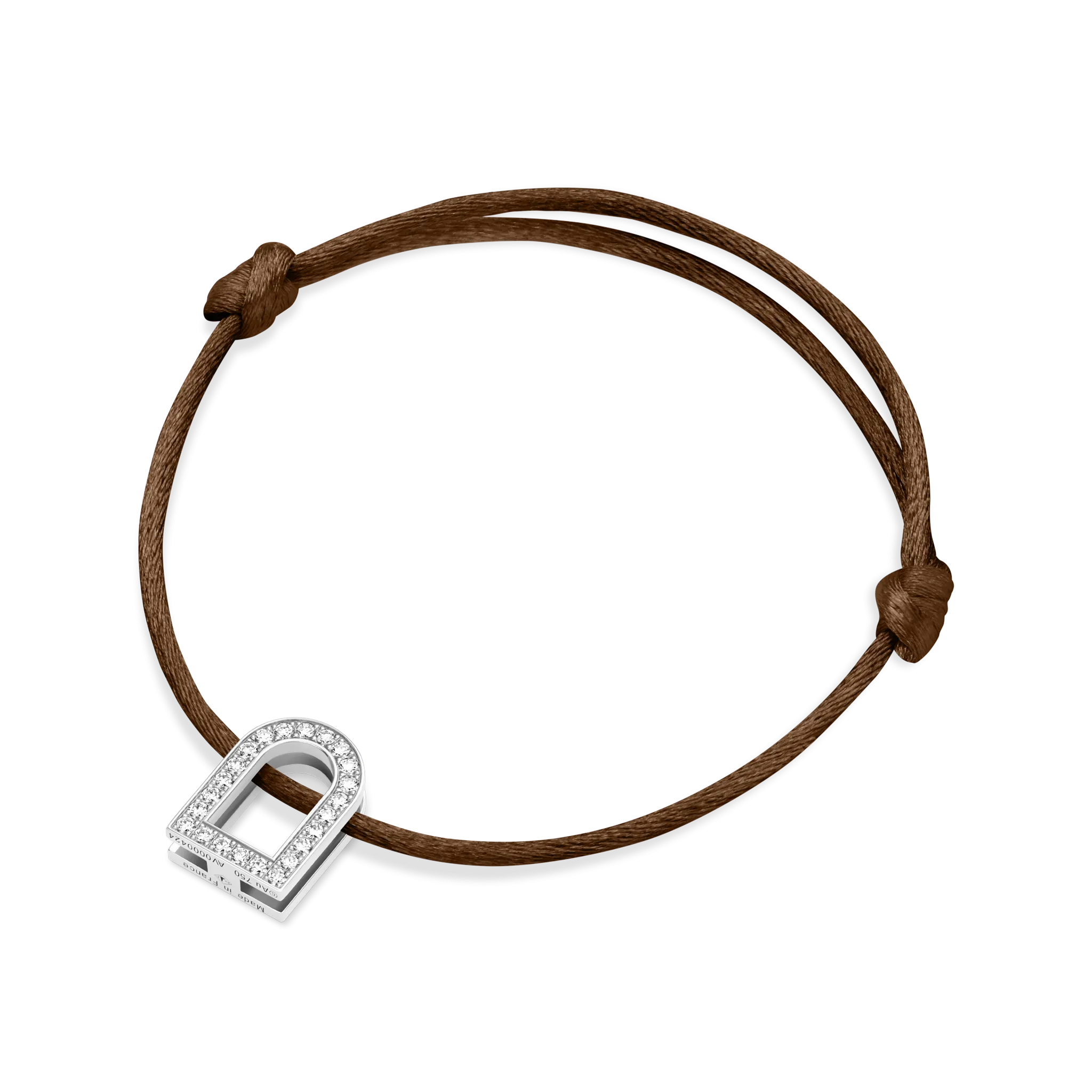 L'Arc Voyage Charm GM, 18k White Gold with Galerie Diamonds on Silk Cord Bracelet