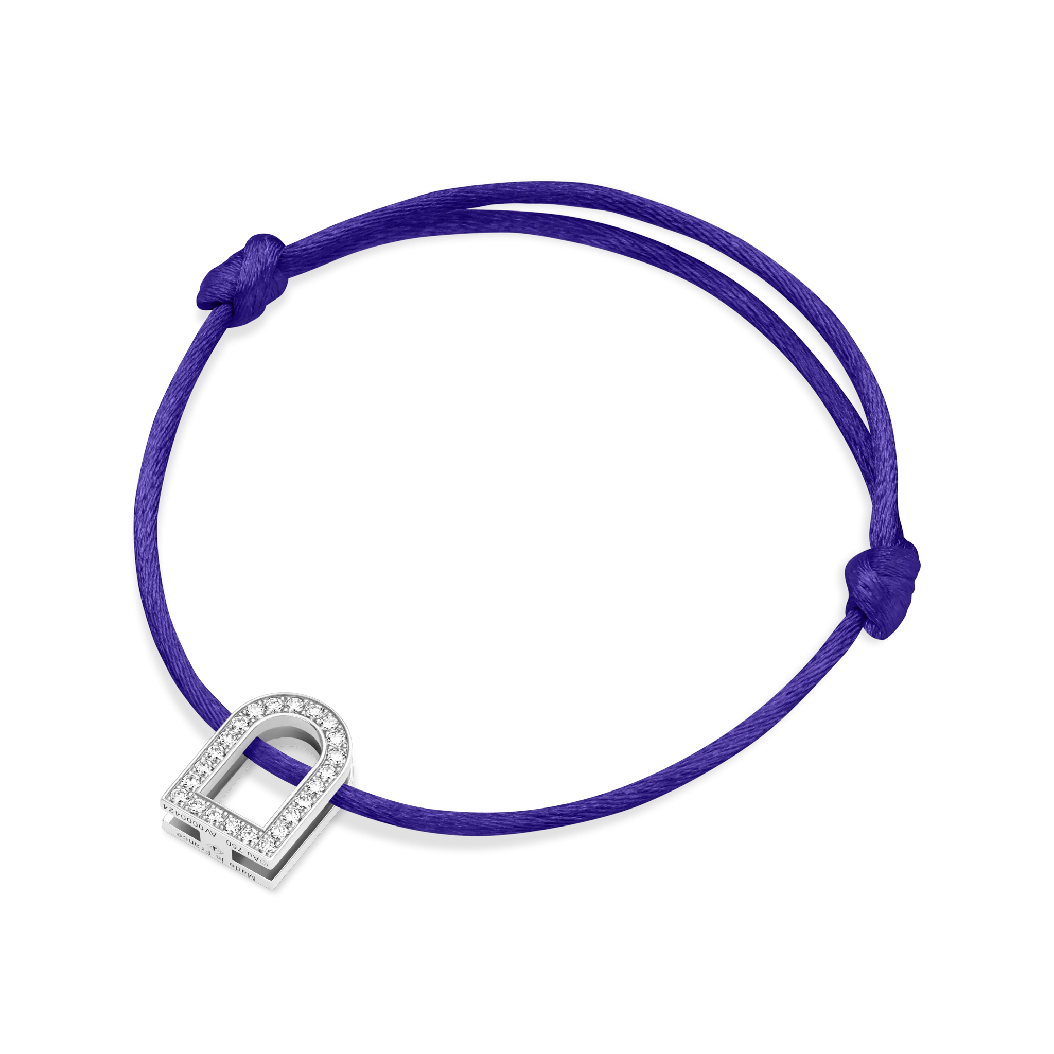 L'Arc Voyage Charm GM, 18k White Gold with Galerie Diamonds on Silk Cord Bracelet